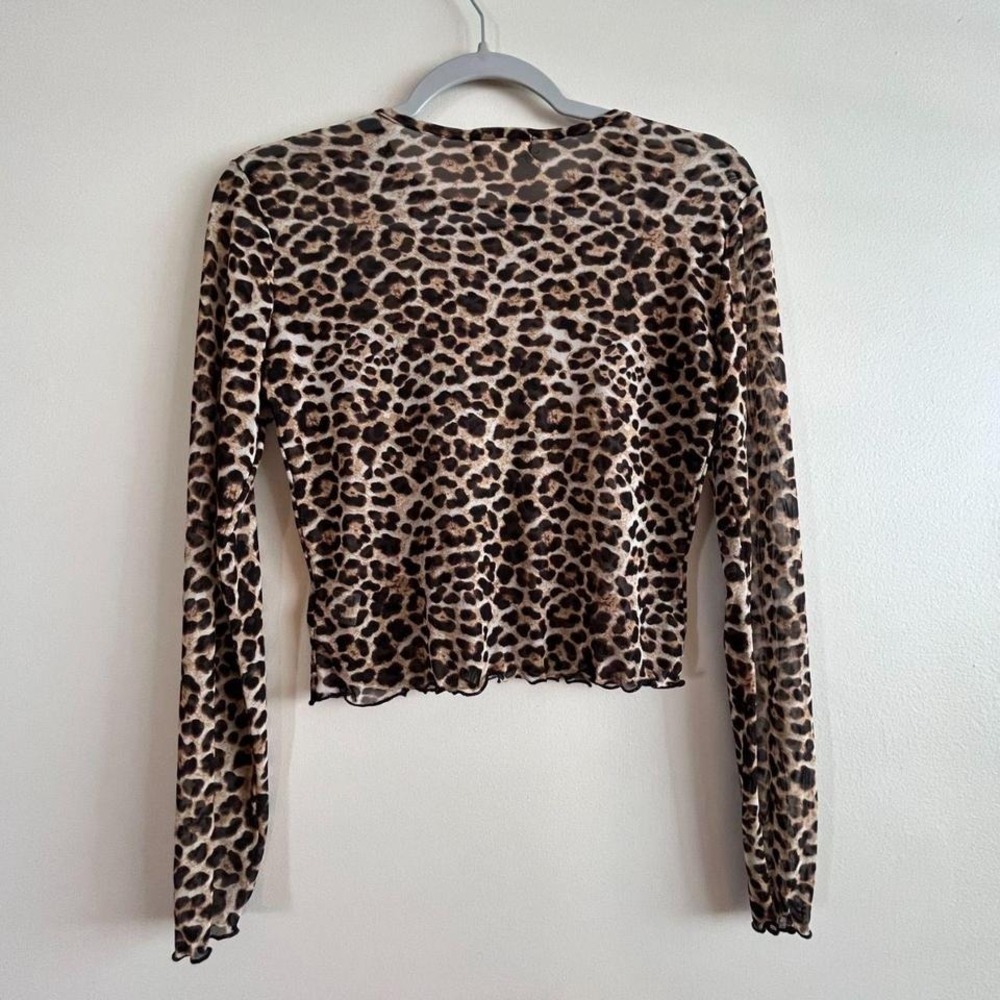 Altar'd State Mesh Leopard Print Crop Top S Long Sleeve Lettuce Hem Sheer Y2K